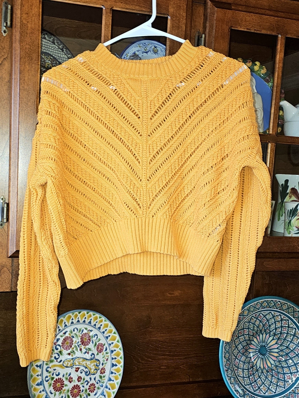 Women's Yellow Knit Chevron Openwork Sweater